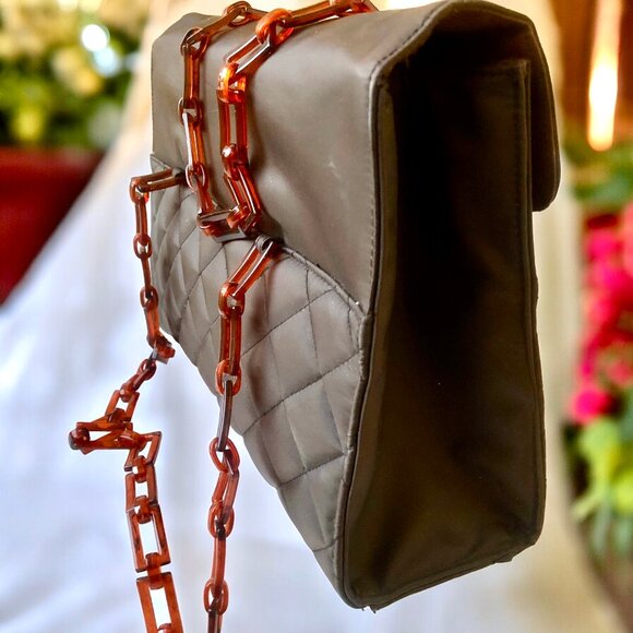Vintage Brown Quilted Nylon Shoulder Handbag Plastic Chain Handles New - Picture 12 of 13